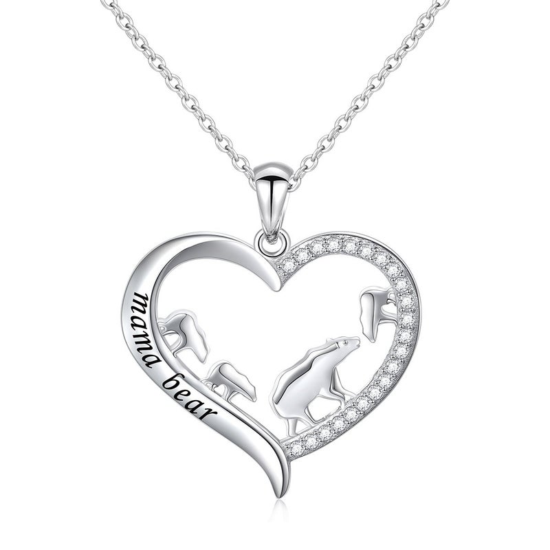 DAOCHONG Mama Bear Necklace S925 Sterling Silver Mama Bear with Cub Heart Pendant Necklace for Family (3 cubs) - Image 1